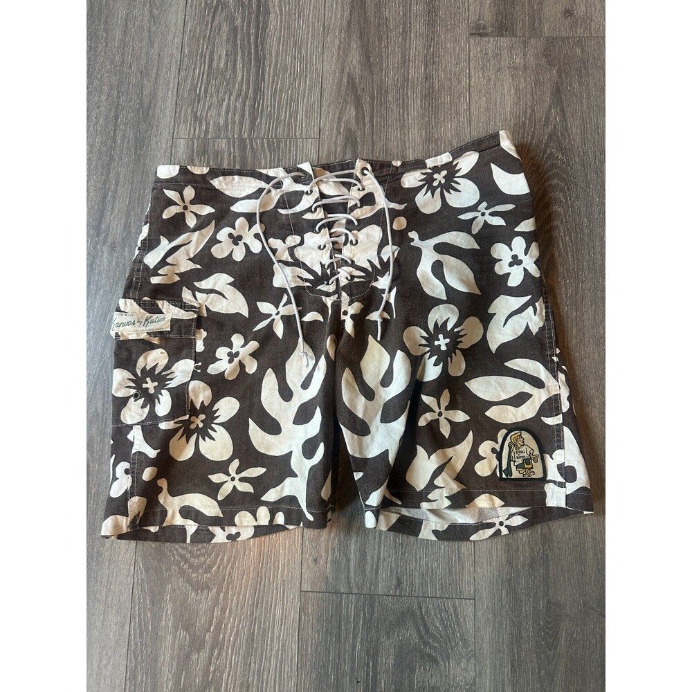 Vtg HANDMADE TO ORDER Canvas by Katin BoardShorts Mens 32 Brown Surf Drawstring